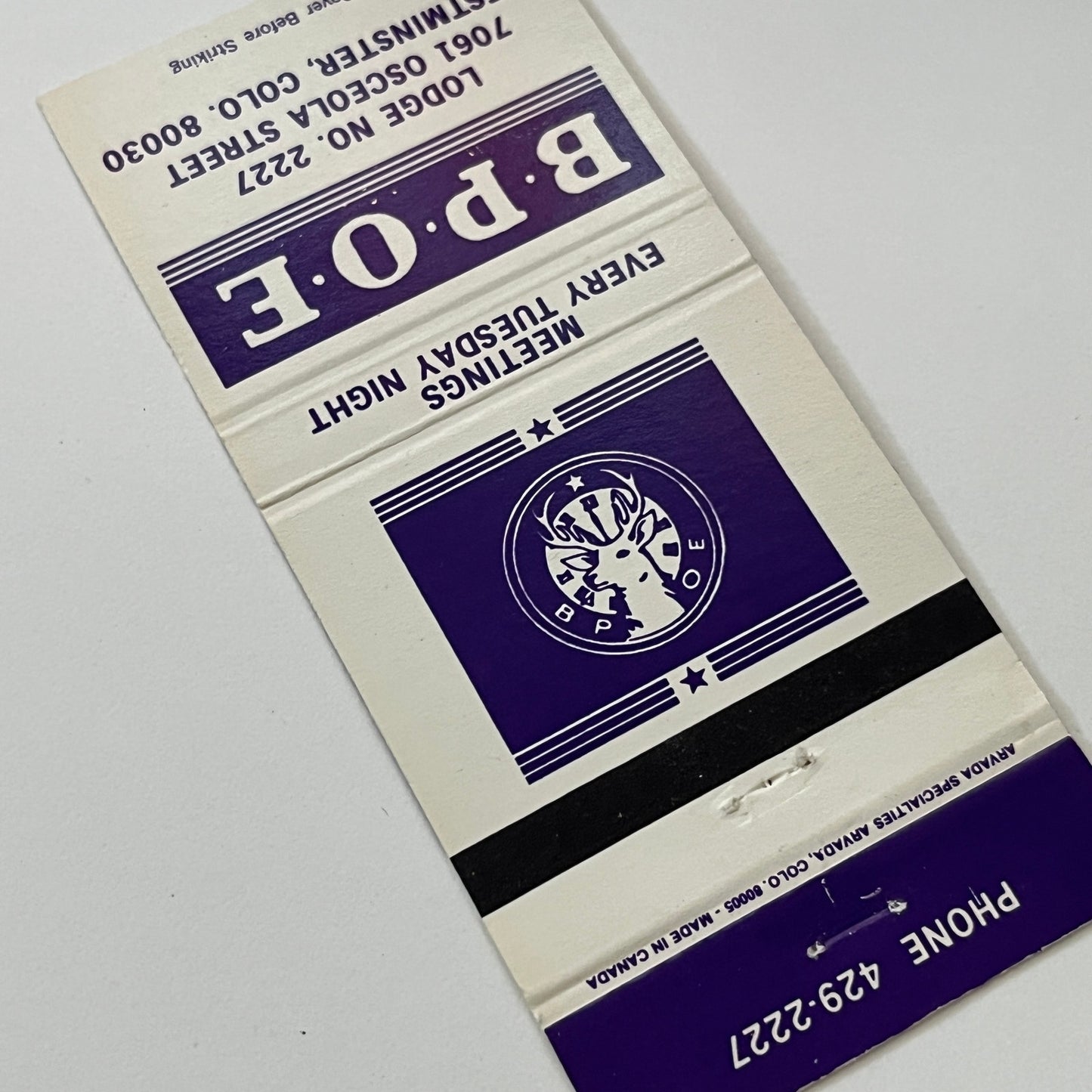 BPOE Lodge 2227 Westminster CO Vintage Matchbook Cover TB6-MB1-14
