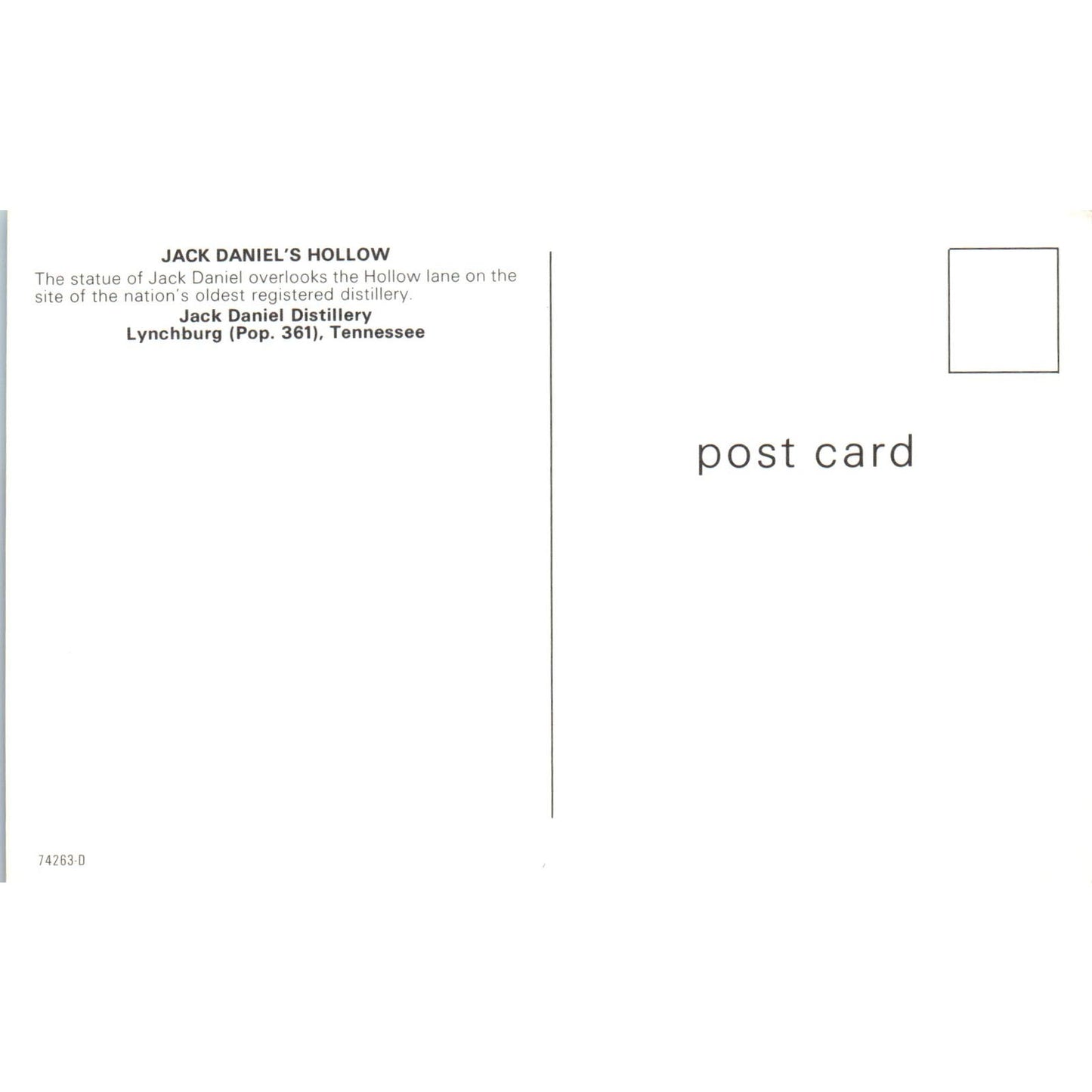 Jack Daniel's Hollow Lynchburg Tennessee Vintage Postcard PD5