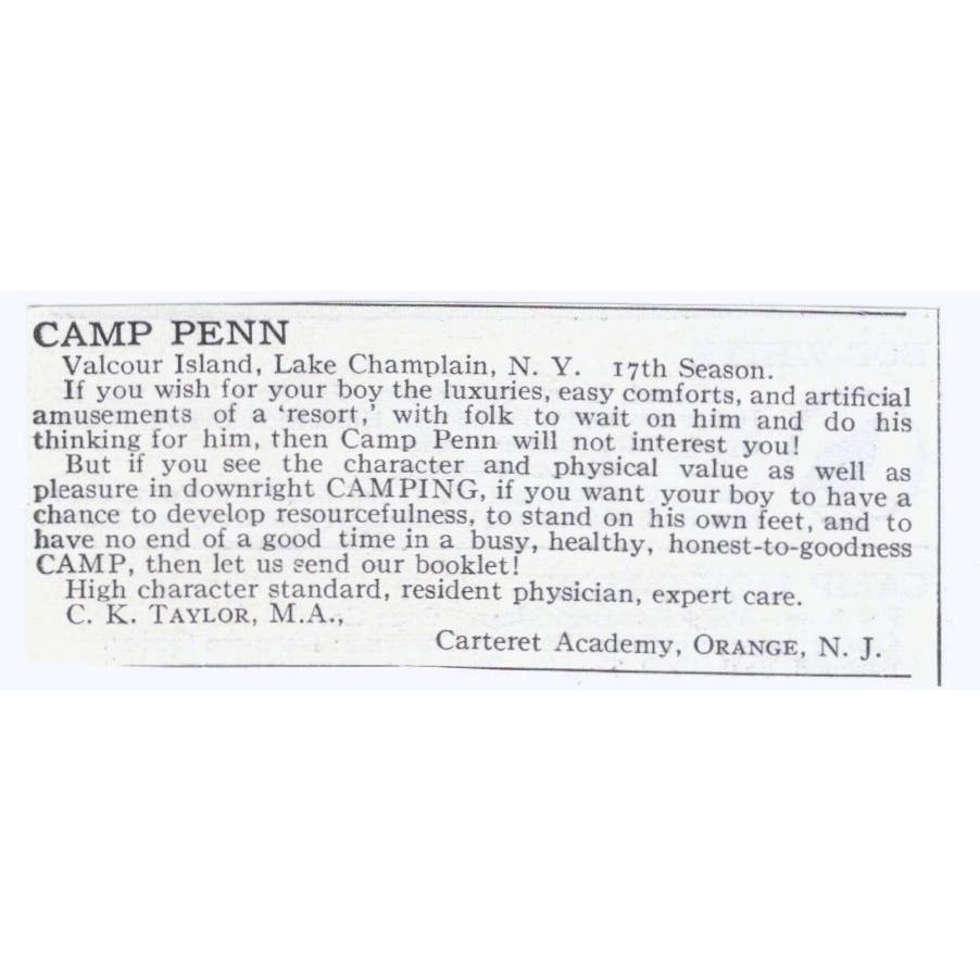 Camp Penn C.K. Taylor Carteret Academy Orange NY c1918 Advertisement AE5-SA2