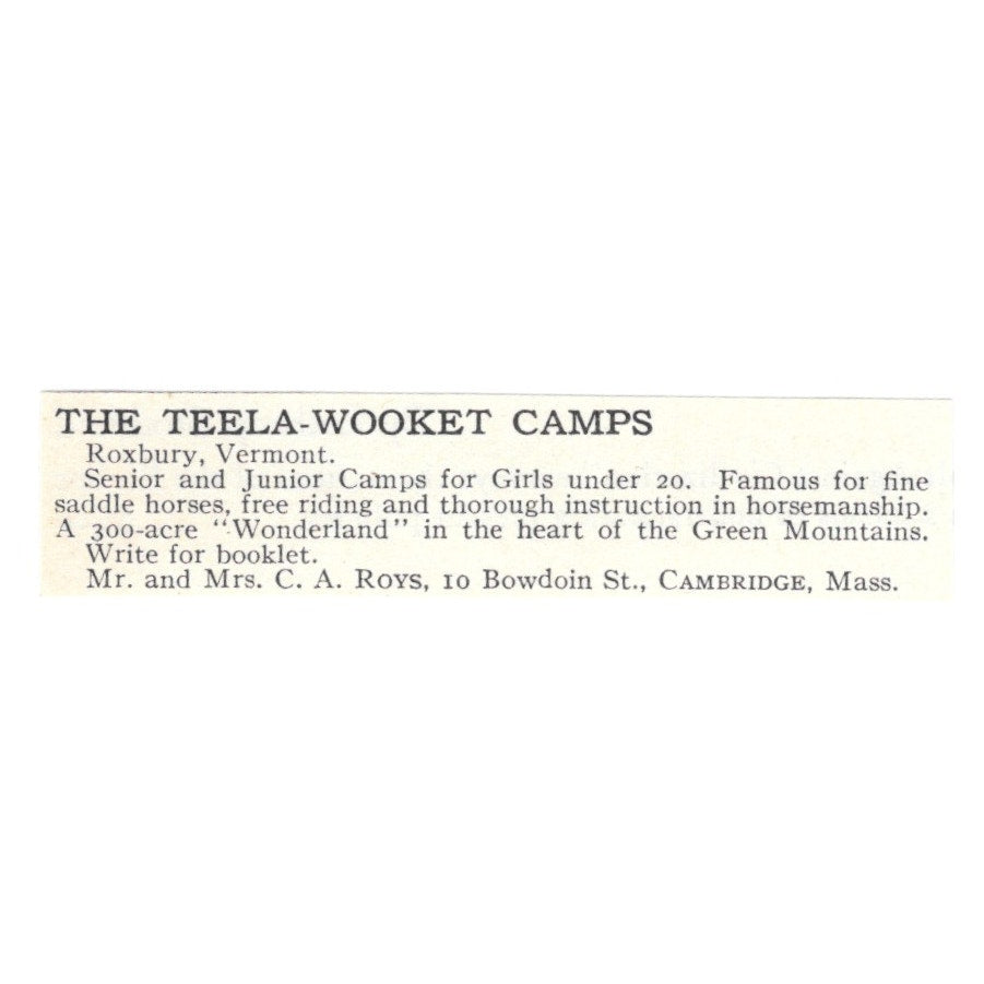 The Teela-Wooket Camps C.A. Roys Cambridge MA 1924 Magazine Ad AD8-O9