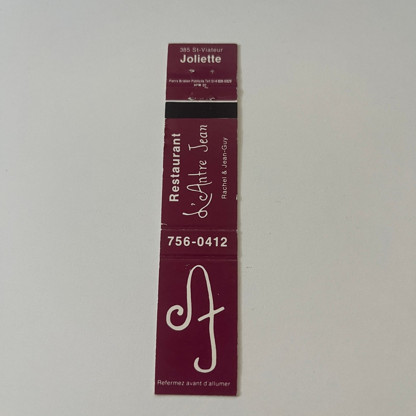 Restaurant L'Antre Jean Rachel & Jean-Guy Joliette Vintage Matchbook TB6-MB2-9