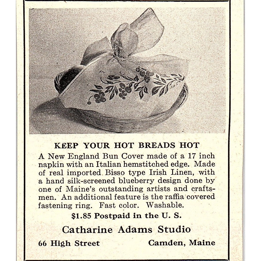Catharine Adam Studio Bun Cover Camden ME 1952 Yankee Magazine Ad SAG5-M2