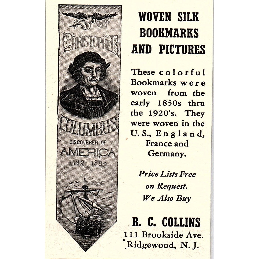 R.C. Collins Woven Silk Bookmarks Ridgewood NJ 1952 Yankee Magazine Ad SAG5-M2