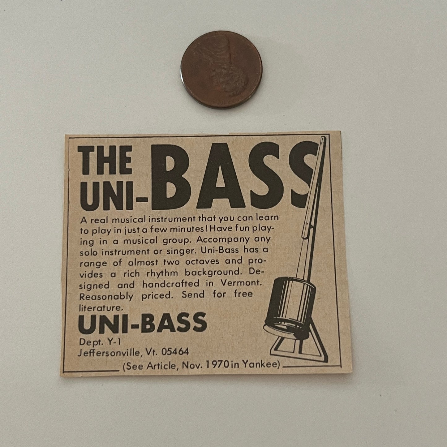 The Uni-Bass Real Musical instrument Jeffersonville VT 1971 Magazine Ad SAG4-S14