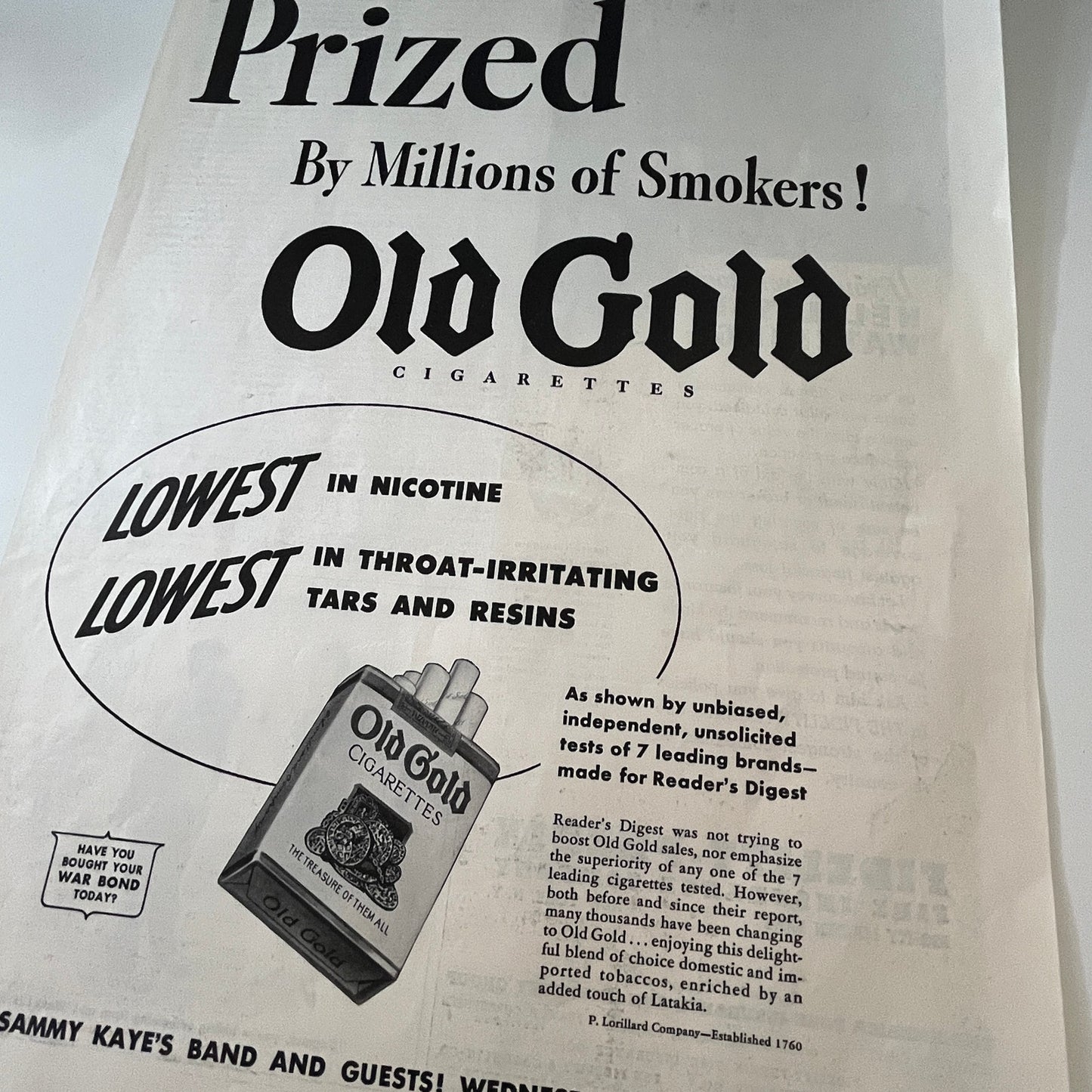 P. Lorillard Company Old Gold Established 1760 1943 WWII Ad SV1-6