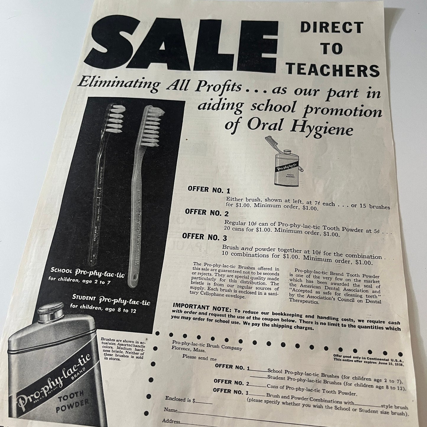 Pro-Phy-Lac-Tic Tooth Powder Direct to Teachers Florence MA 1938 Ad V26-4