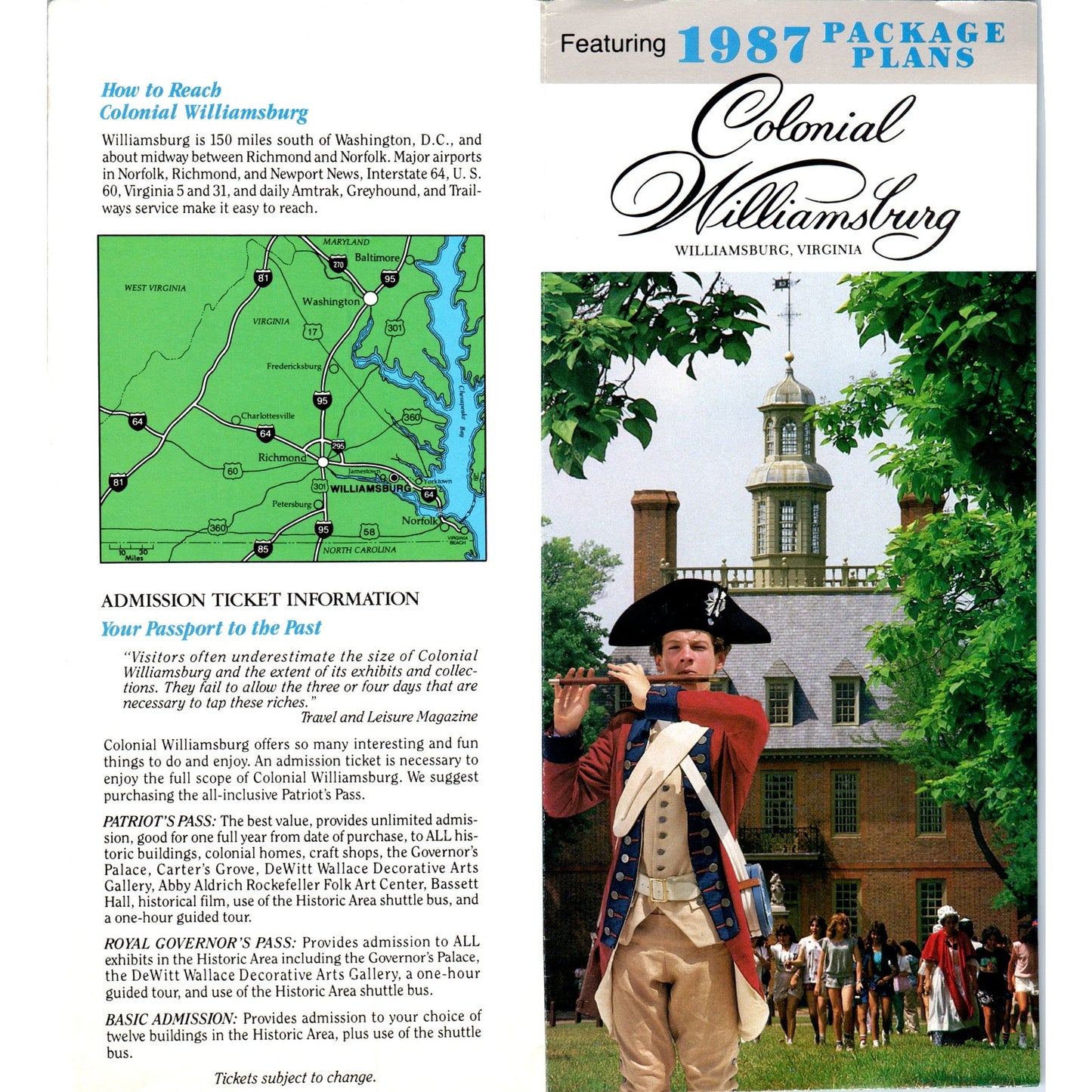 1987 Colonial Williamsburg Virginia Map & Travel Brochure TF4-B2
