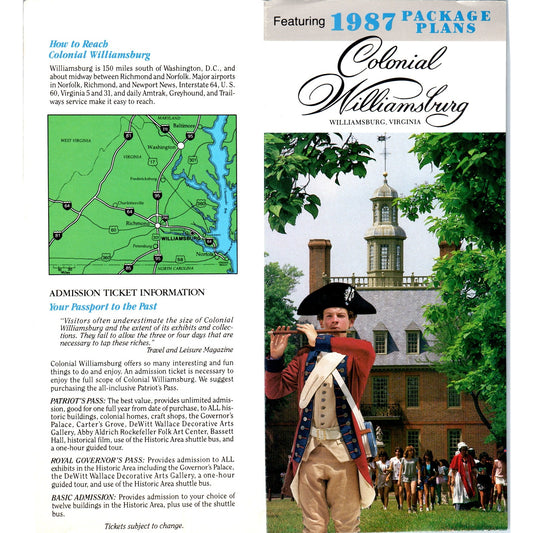 1987 Colonial Williamsburg Virginia Map & Travel Brochure TF4-B2