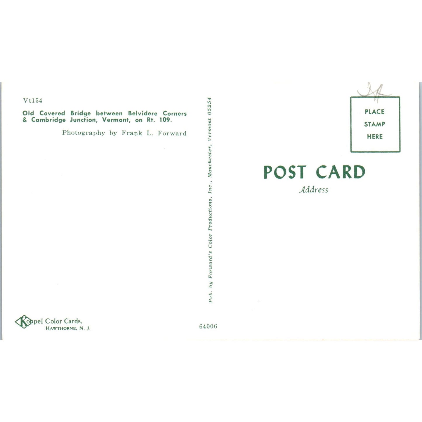 Belvidere Corners & Cambridge Junction Vermont Covered Bridge Postcard PC5