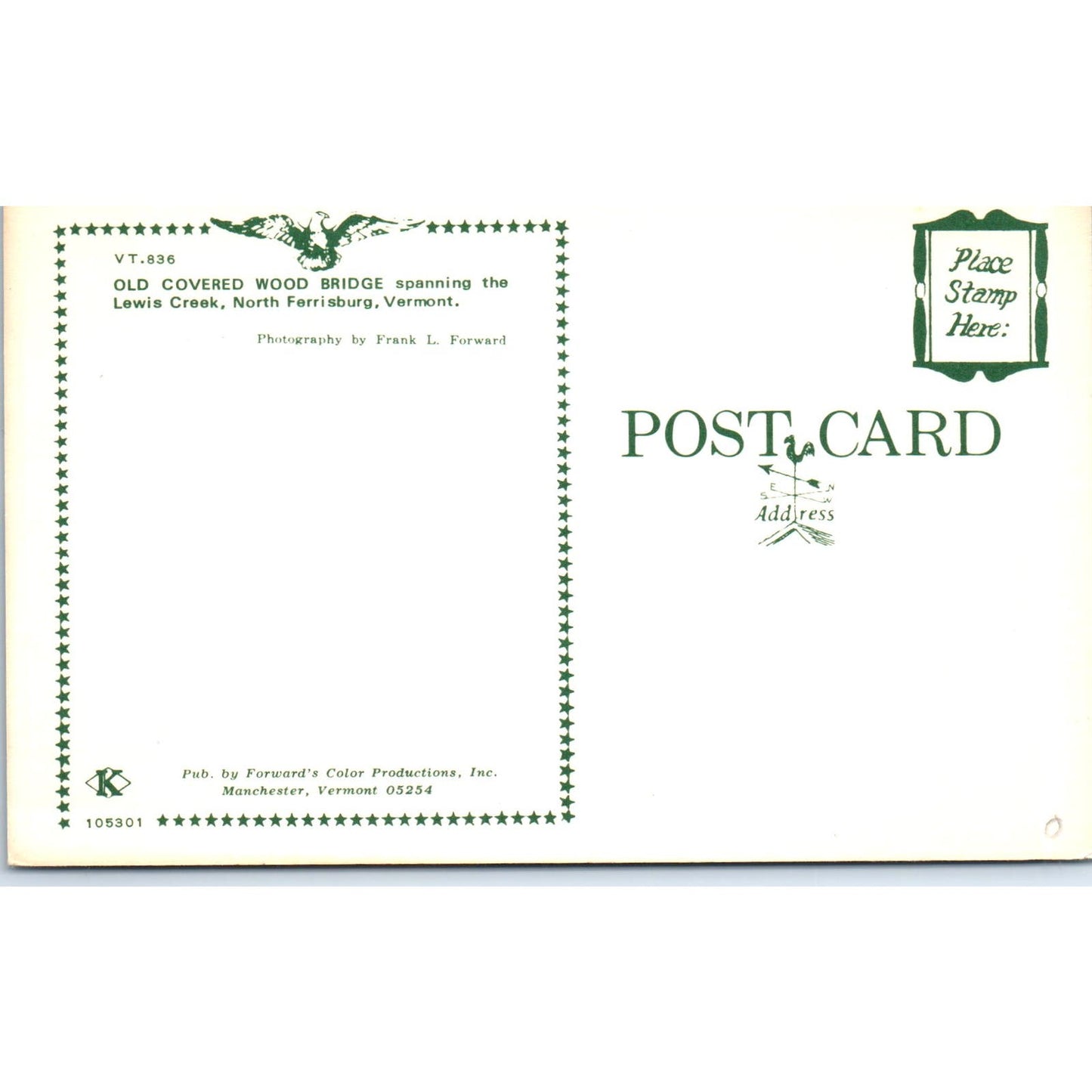 Lewis Creek Bridge North Ferrisburg VT Vintage Covered Bridge Postcard PC14