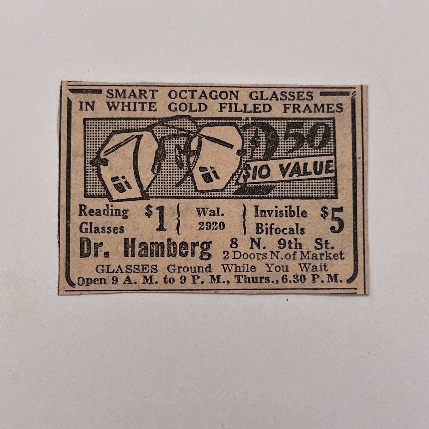 Dr. Hamberg Optometrist Octagon Glasses Market St Philadelphia 1931 Ad AG3-S1