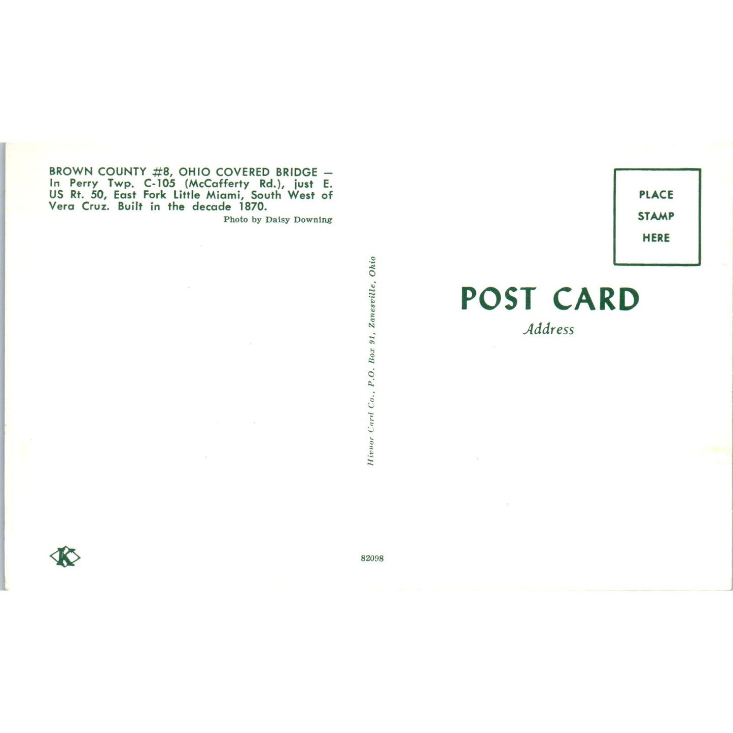 Brown County #8 Perry Twp East Little Fork Miami OH Covered Bridge Postcard PC5