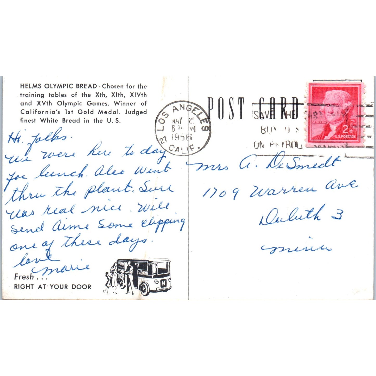 1956 Helms Bakeries Helms Olympic Bread Los Angeles CA Vintage Postcard PD10