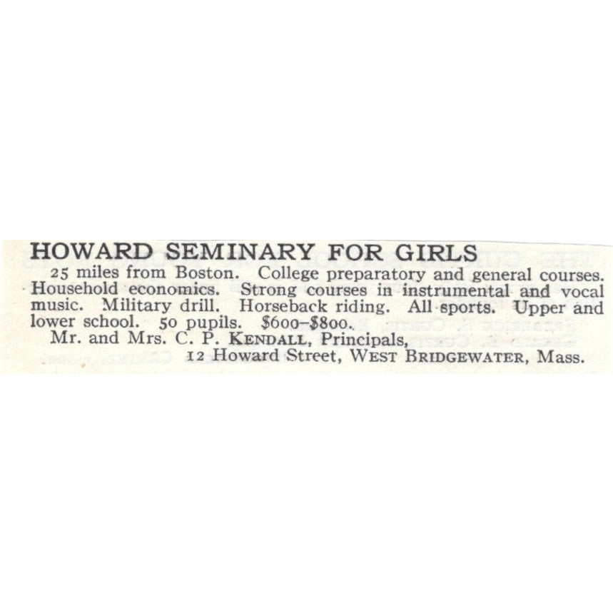 Howard Seminary for Girls West Bridgewater MA Mr CP Kendall c1920 Ad AG4-S2