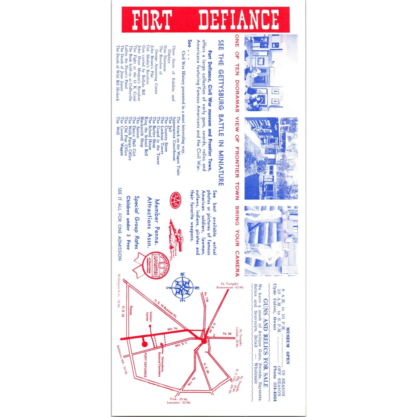 1970s Fort Defiance Civil War Museum Gettysburg PA Promo Leaflet TF4-BB