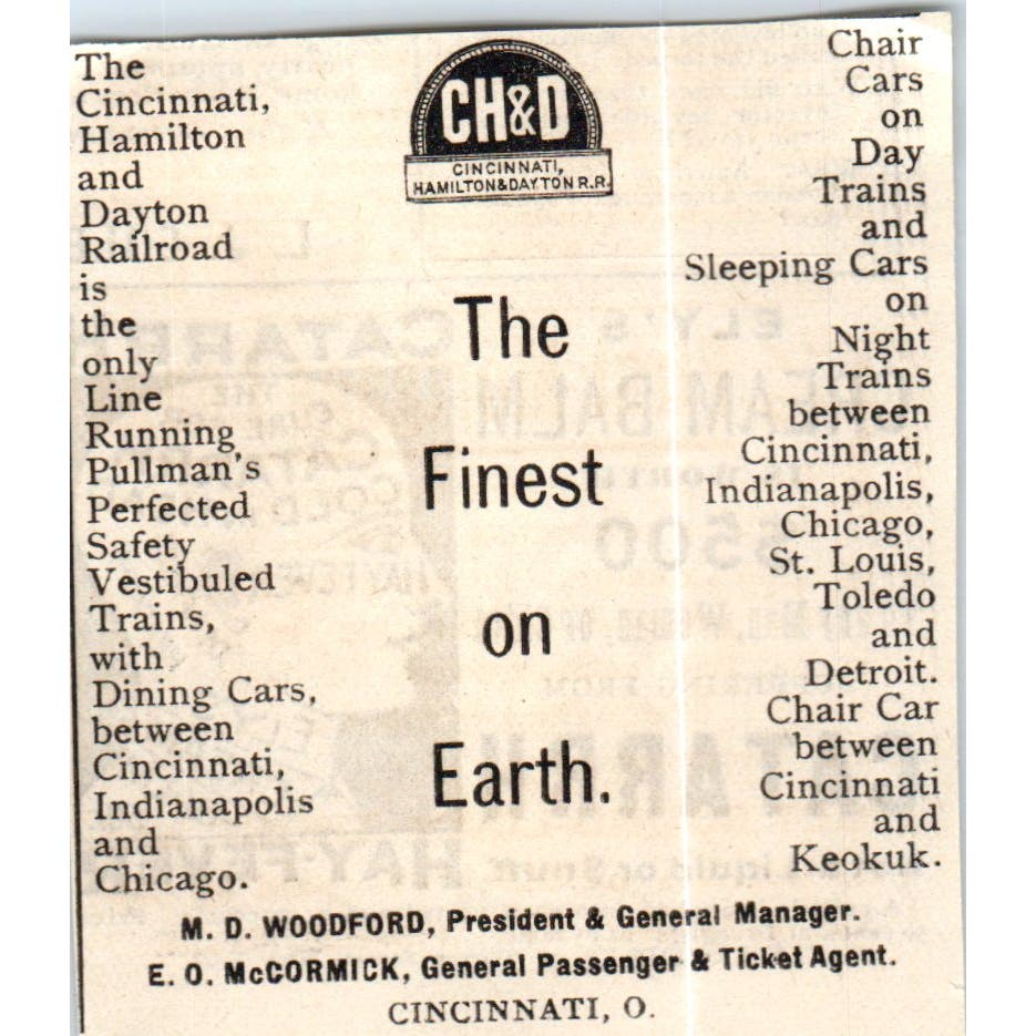 CH&D Railway Cincinnati Hamilton and Dayton c1890 Victorian Ad AE8-CH9