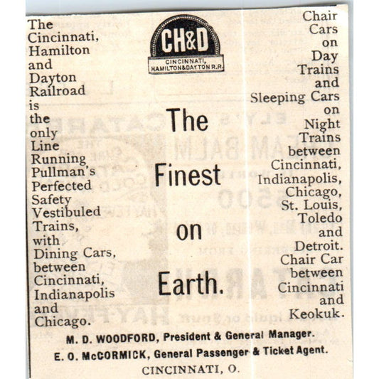 CH&D Railway Cincinnati Hamilton and Dayton c1890 Victorian Ad AE8-CH9
