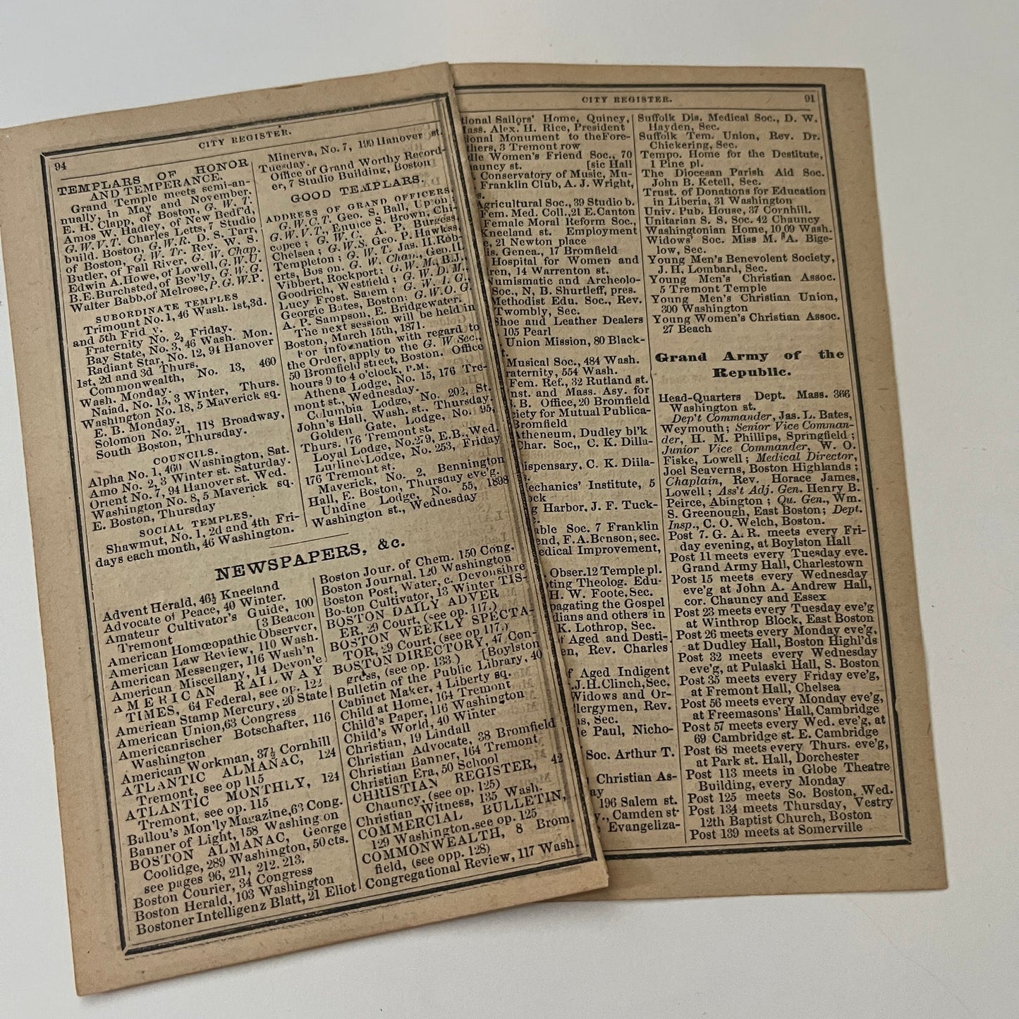 Boston Masonic Societies Listings 2 Pages 1871 Boston Almanac Clipping SAI2-H4