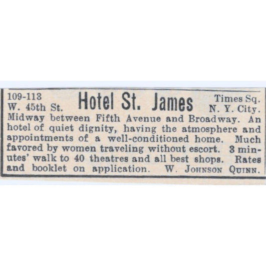 Hotel St. James Times Square NY W. Johnson Quinn 1924 Magazine Ad AD8-O4
