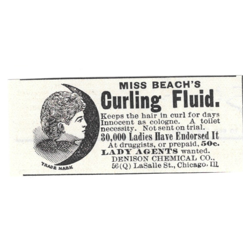 Miss Beach's Curling Fluid Denison Chemical Co Chicago IL 1892 Ad AG2-S22