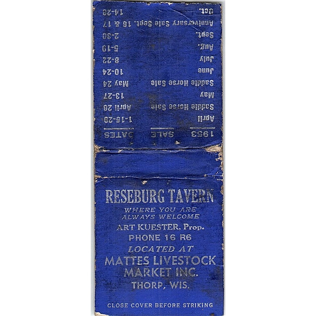 Reseburg Tavern Art Kuester Mattes Livestock Market Thorp Matchbook Cover SF3-Y2
