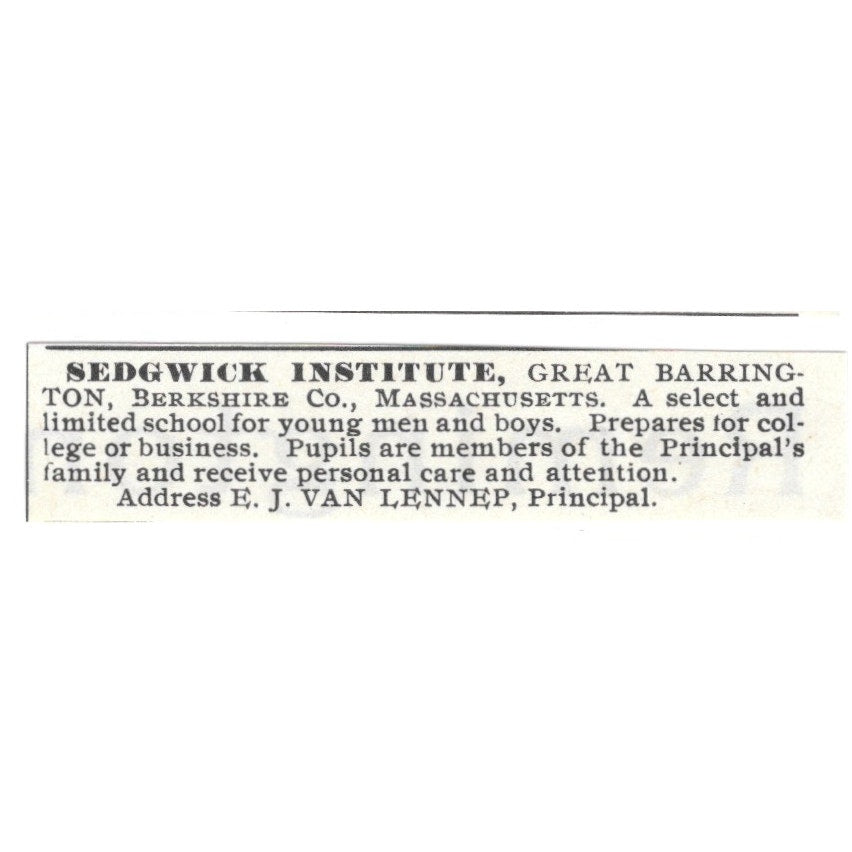 Sedgwick Institute Great Barrington MA E.J. Van Lennep 1892 Ad AG2-S24