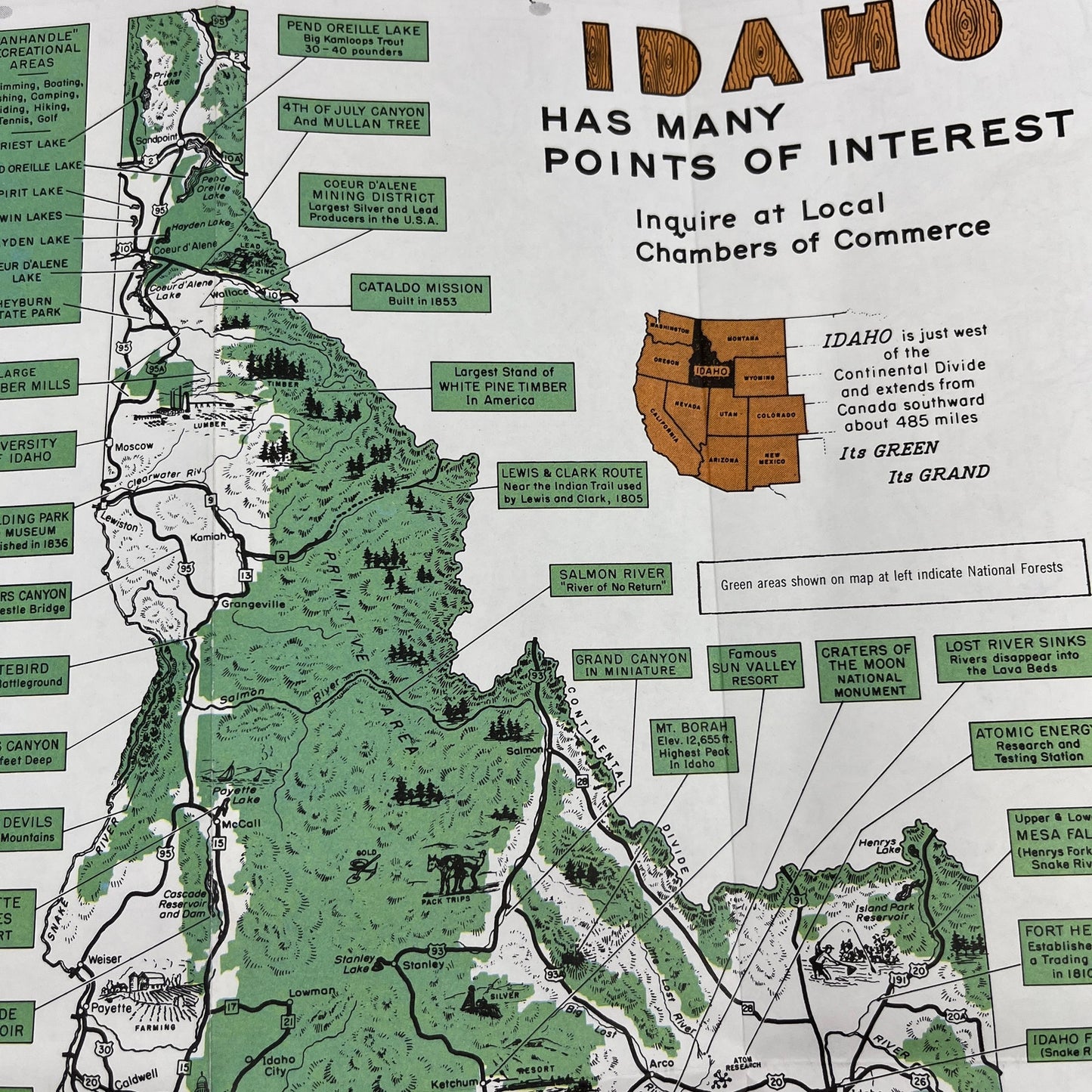 1956 Idaho Points of Interest Fold Out Travel Map TC5-LP1