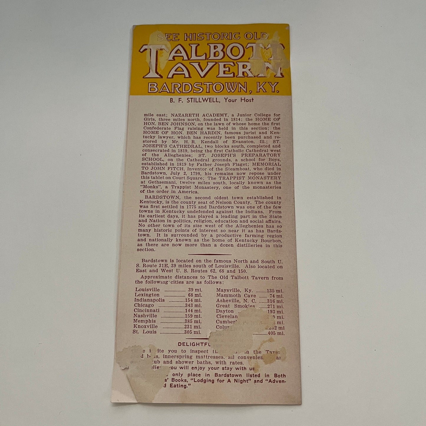 Old Talbott Tavern Bardstown KY B.F. Stillwell 1953 Travel Brochure AG8-H6