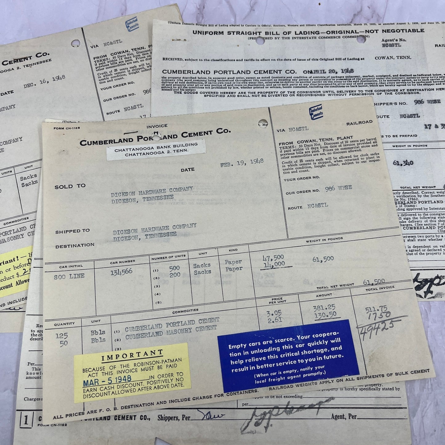 1940s Cumberland Portland Cement Co Chattanooga TN Billhead Invoice Lot TC5-RD