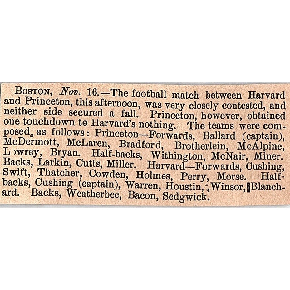 Nov 16, 1878 Harvard vs Princeton Football Game Ballard Cushing 1878 AG2-S15