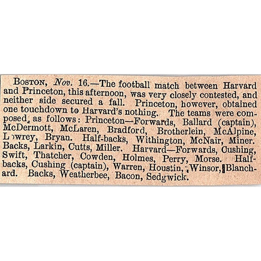 Nov 16, 1878 Harvard vs Princeton Football Game Ballard Cushing 1878 AG2-S15