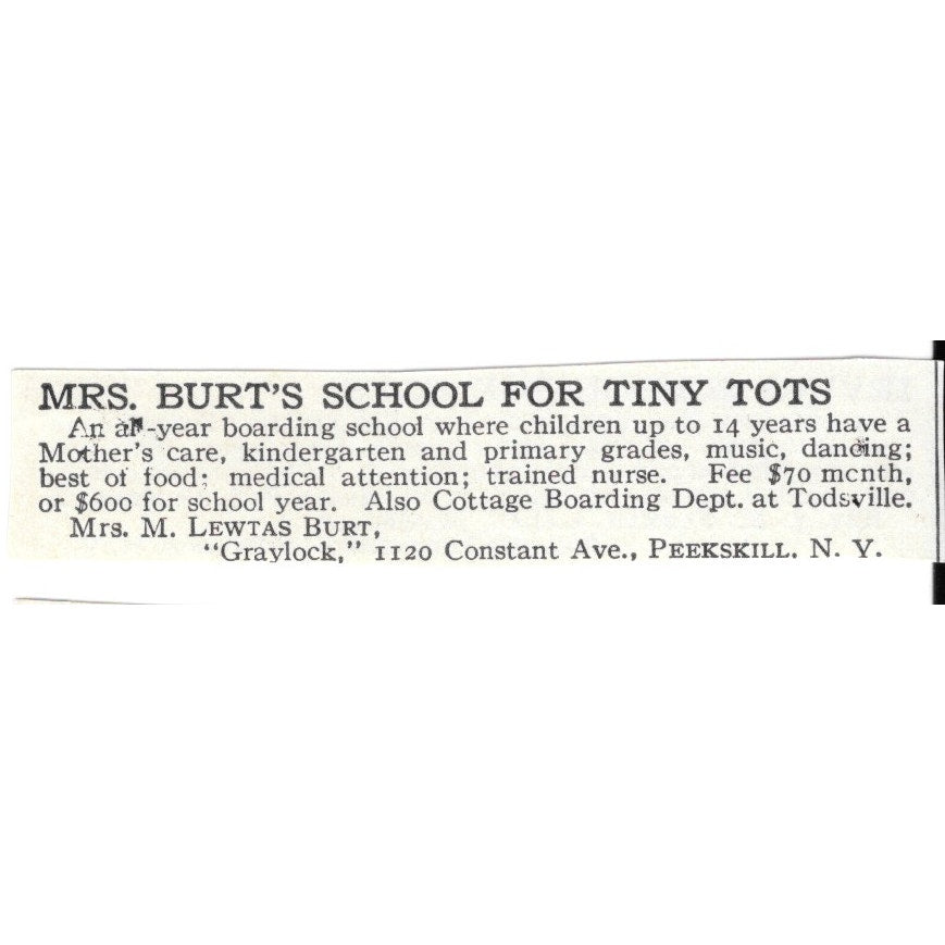 Mrs. Burt's School for Tiny Tots Peekskill NY Mrs. M Lewtas Burt 1920 Ad SAG4-S3