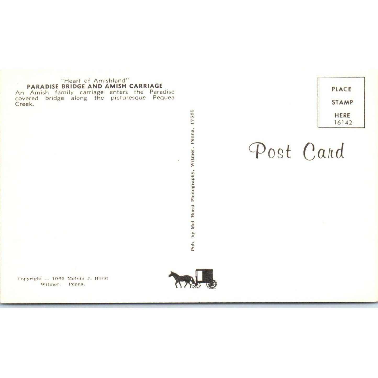 Paradise Bridge and Amish Carriage Pennsylvania Dutch Country Postcard PD8