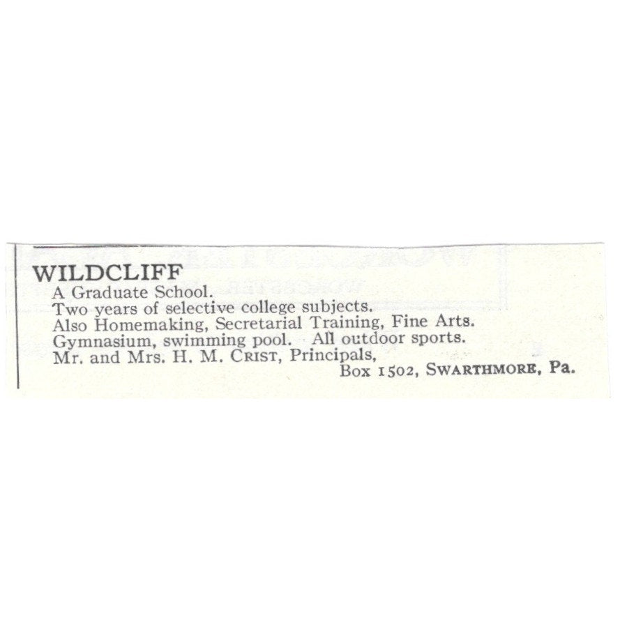 Wildcliff Graduate School Swarthmore PA Mr. and Mrs. H.M. Crist c1920 Ad AG4-S1