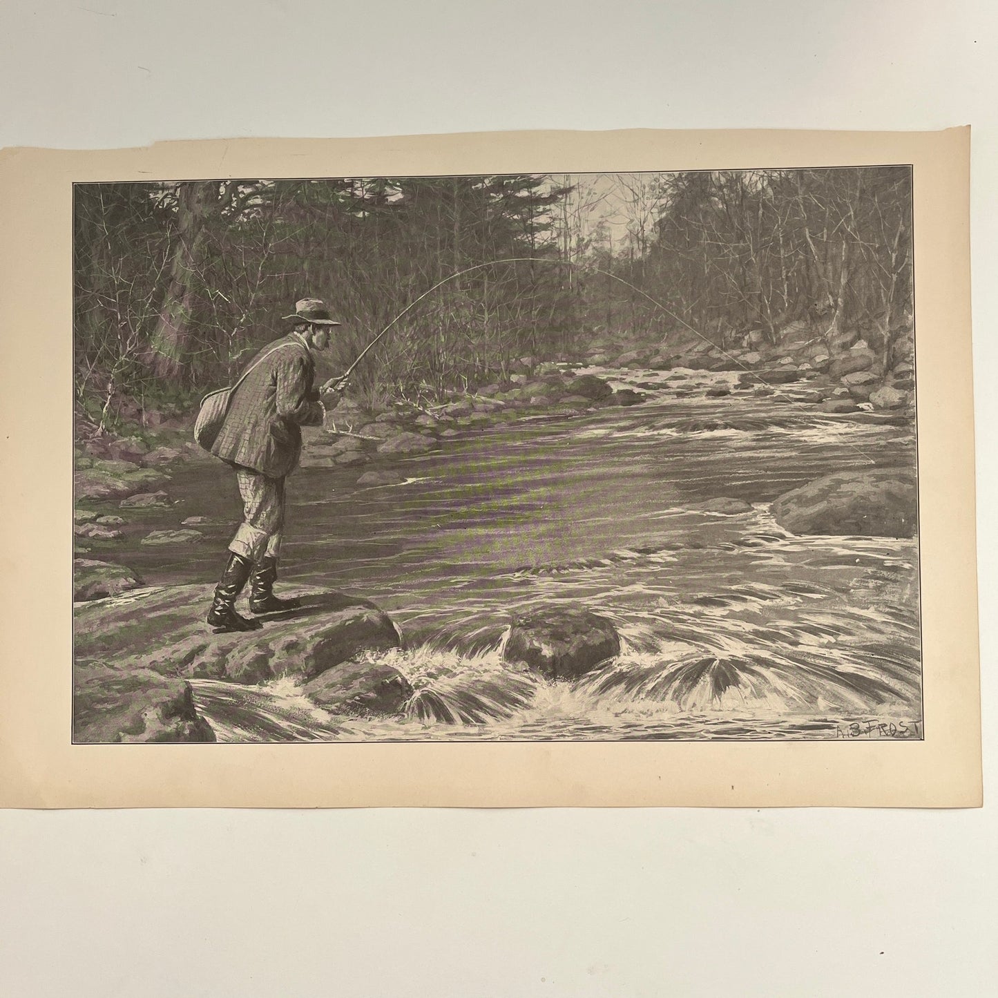 Trout Fishing - Fly Fishing Scene - Original 1904 A.B. Frost Art Print V26-4