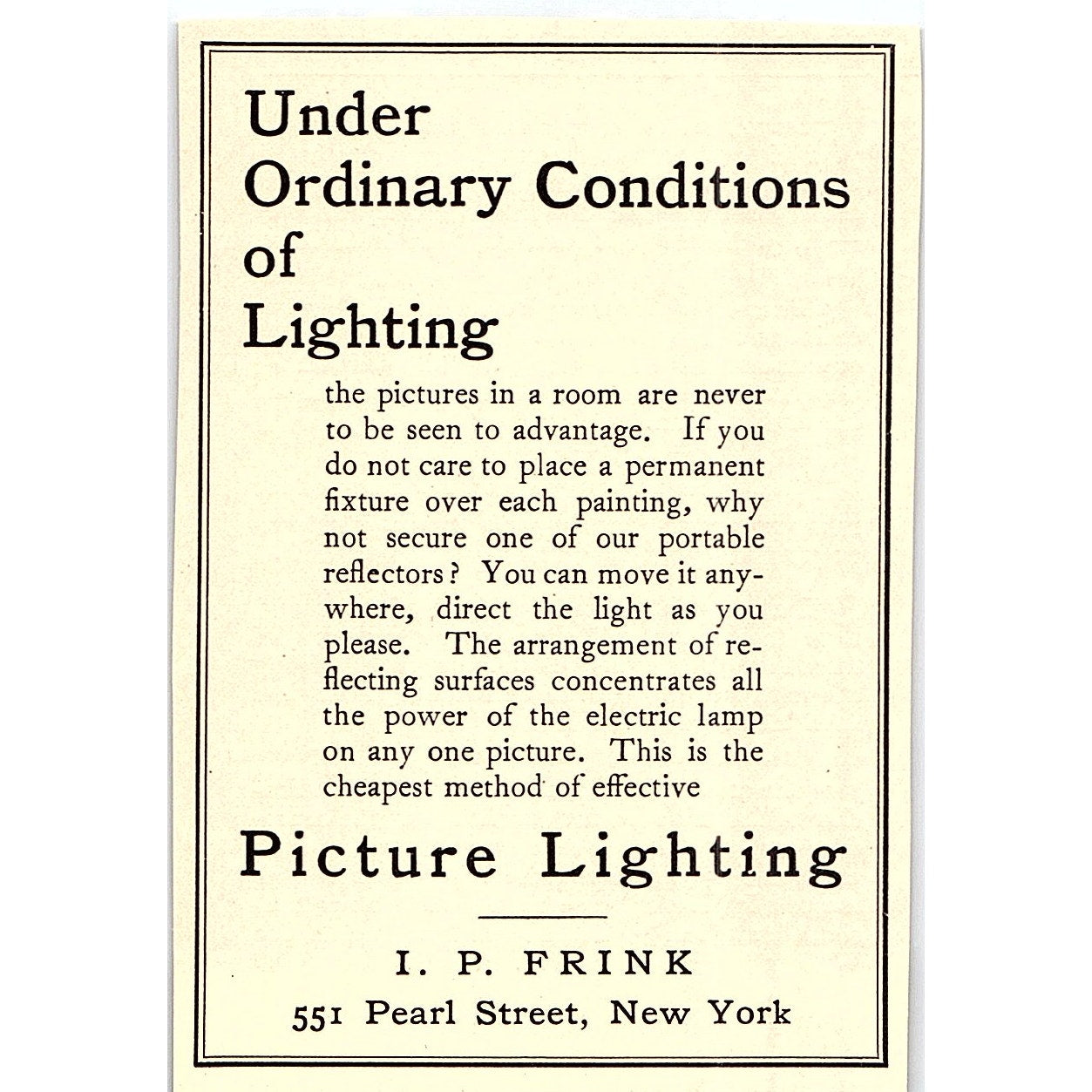 I.P. Frink Picture Lighting 551 Pearl Street New York - 1908 Ad AF4-3