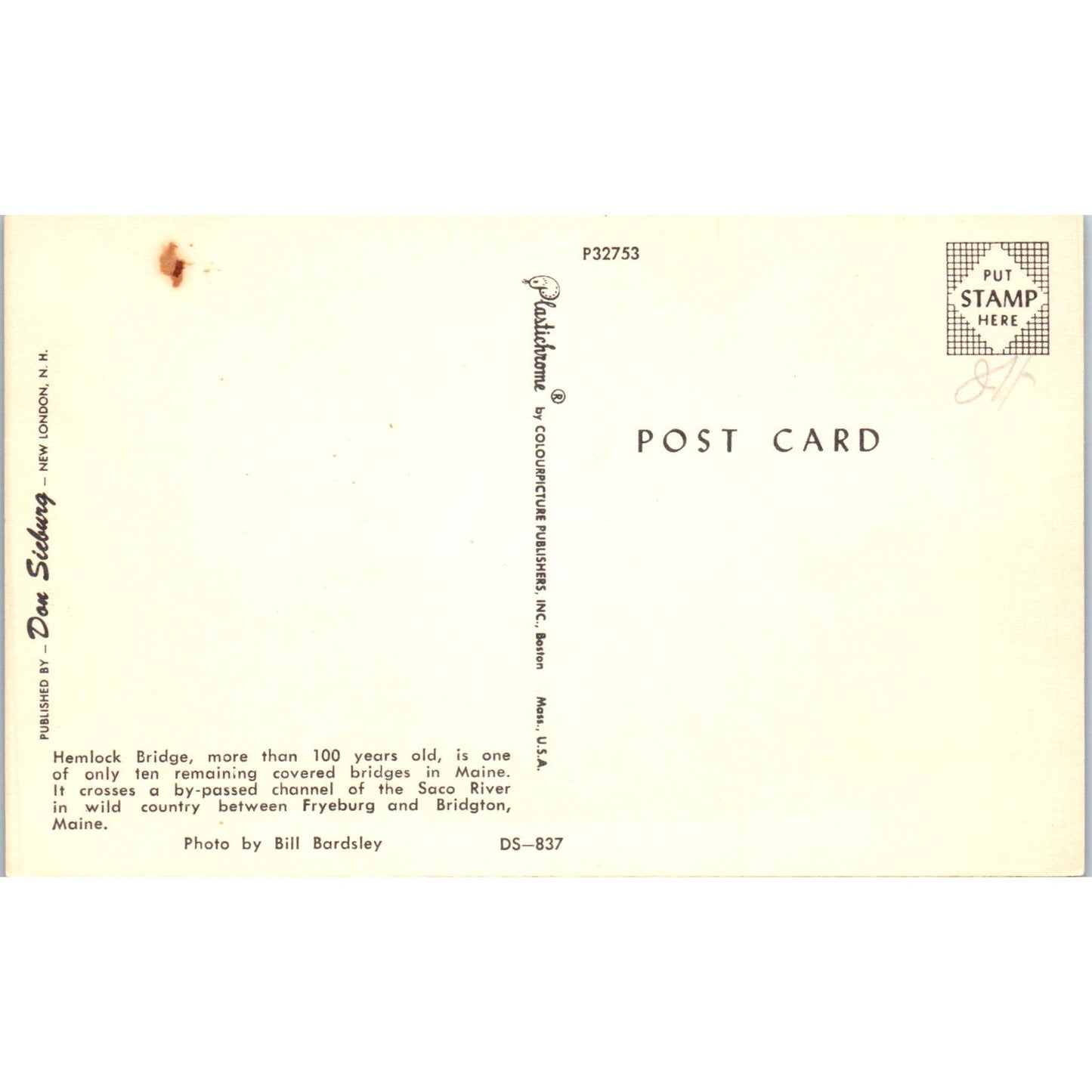 Hemlock Bridge Bridgton Fryeburg Saco River VT Covered Bridge Postcard PC1