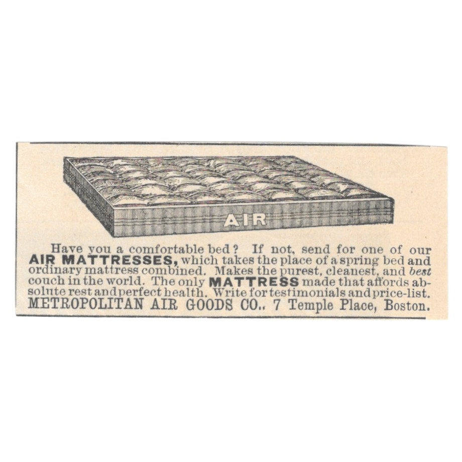 Metropolitan Air Goods Co Air Mattresses Temple Place Boston 1892 Ad AK6-S1