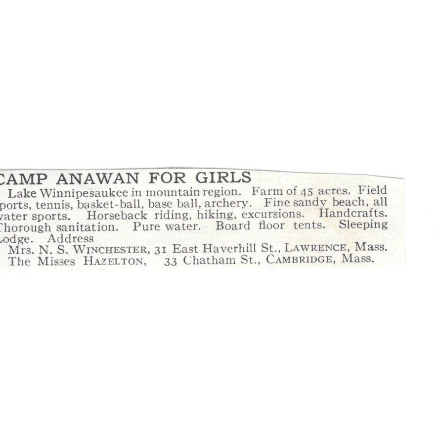 Camp Anawan for Girls Cambridge MA Mrs. NS Winchester c1920 Harper's Ad AG4-S8