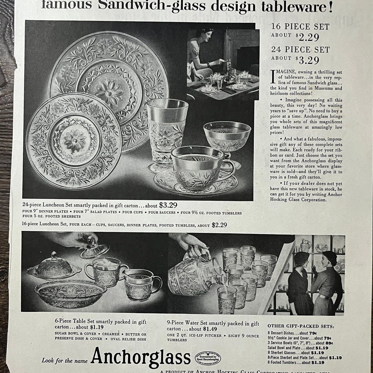 Anchorglass Anchor Hocking Sandwich-Glass Tableware Vtg Magazine Ad 10x14 V10
