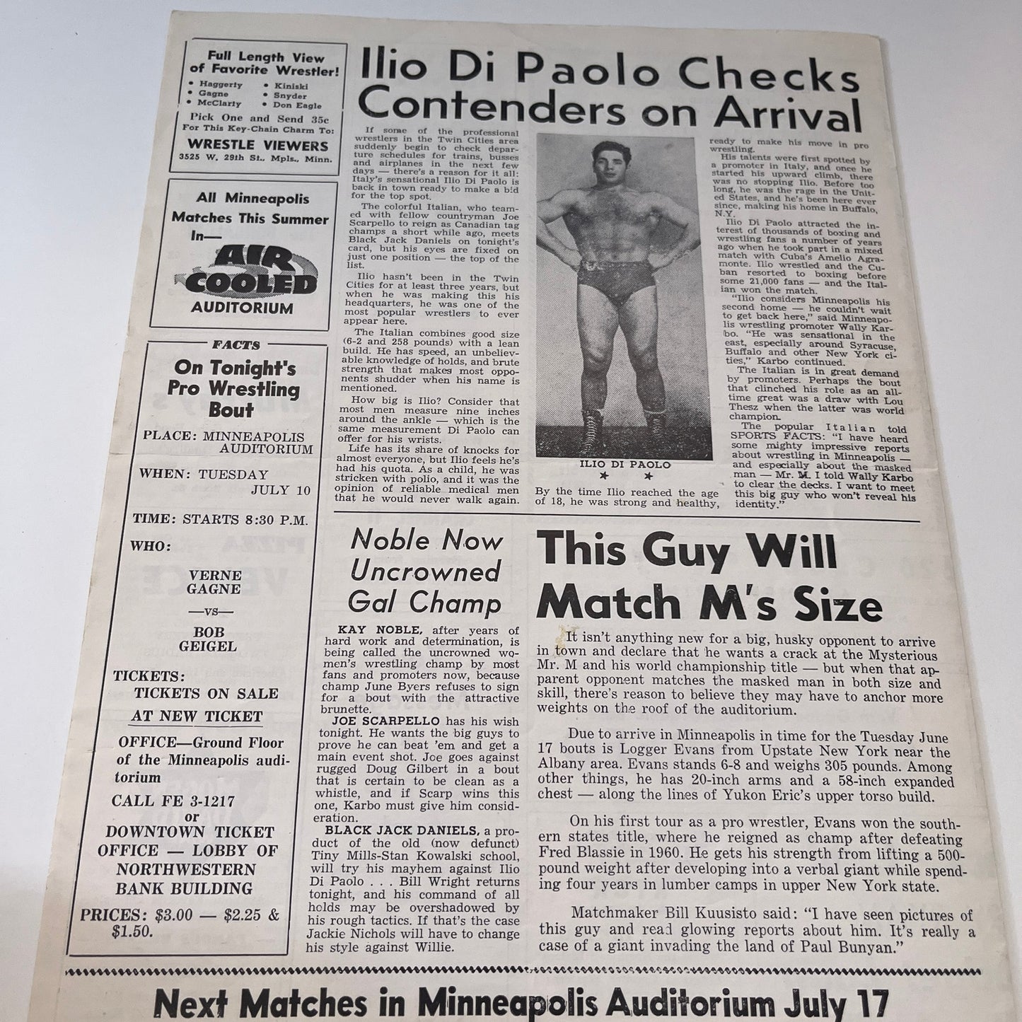 Vern Gagne Bob Geigel July 10 1962 Sports Facts Wrestling Program & Card V1-3