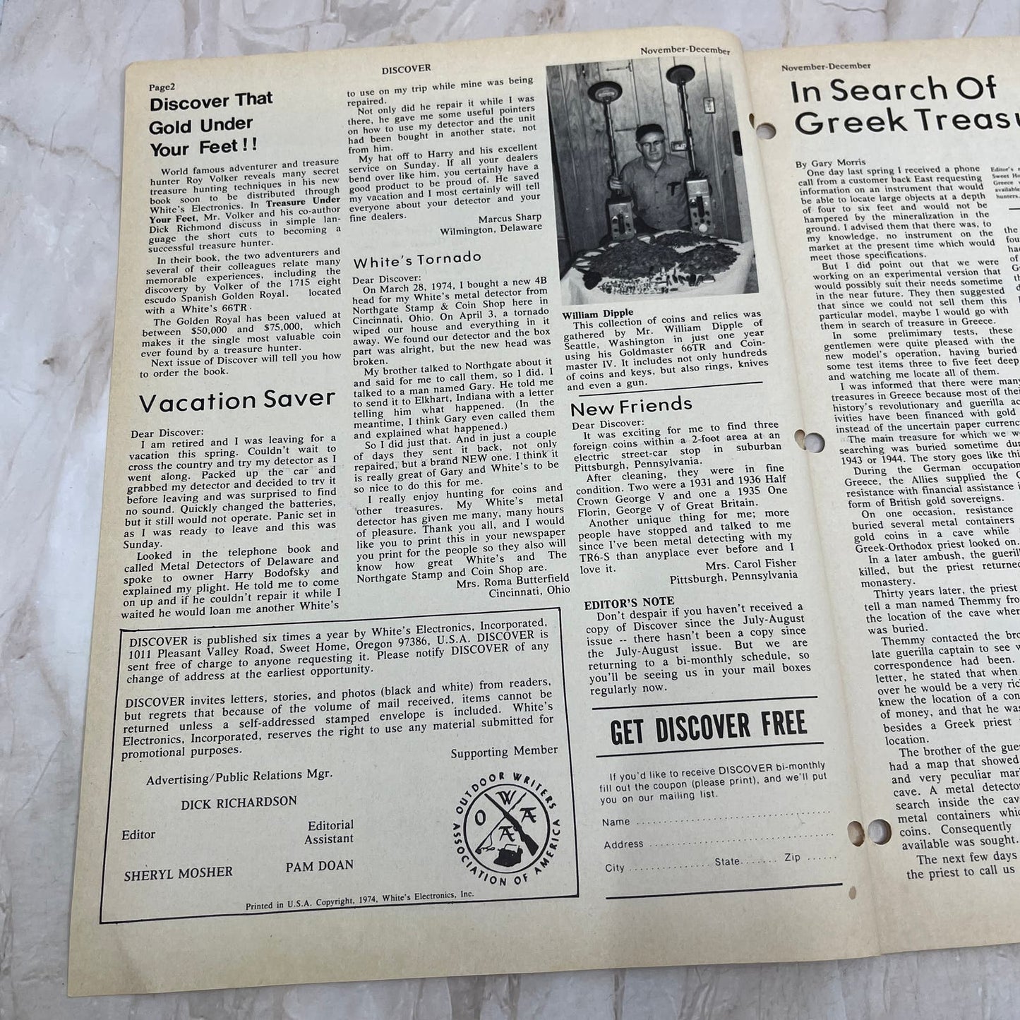 1974 Nov/Dec White's Electronics Discover Newsletter Metal Detector Treasure M19