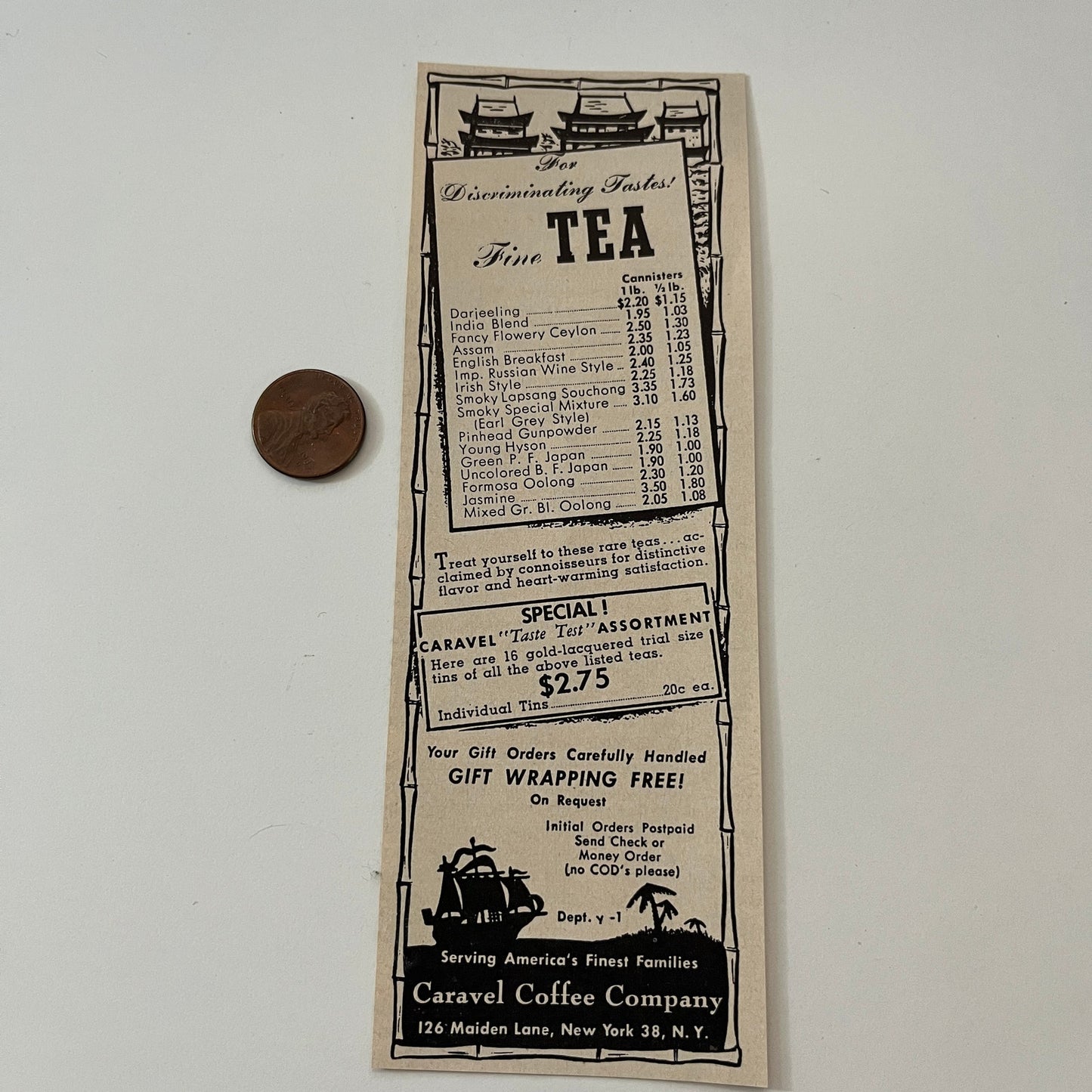 Caravel Coffee Company Fine Tea New York NY 1952 Yankee Magazine Ad SAG5-H7