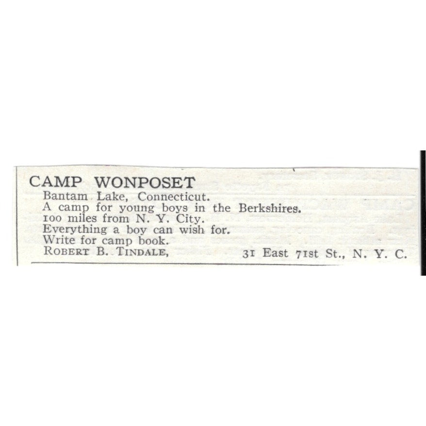 Camp Wonposet 31 E 71st St NY Robert B Tindale 1920 Harper’s Magazine Ad SAG4-S4