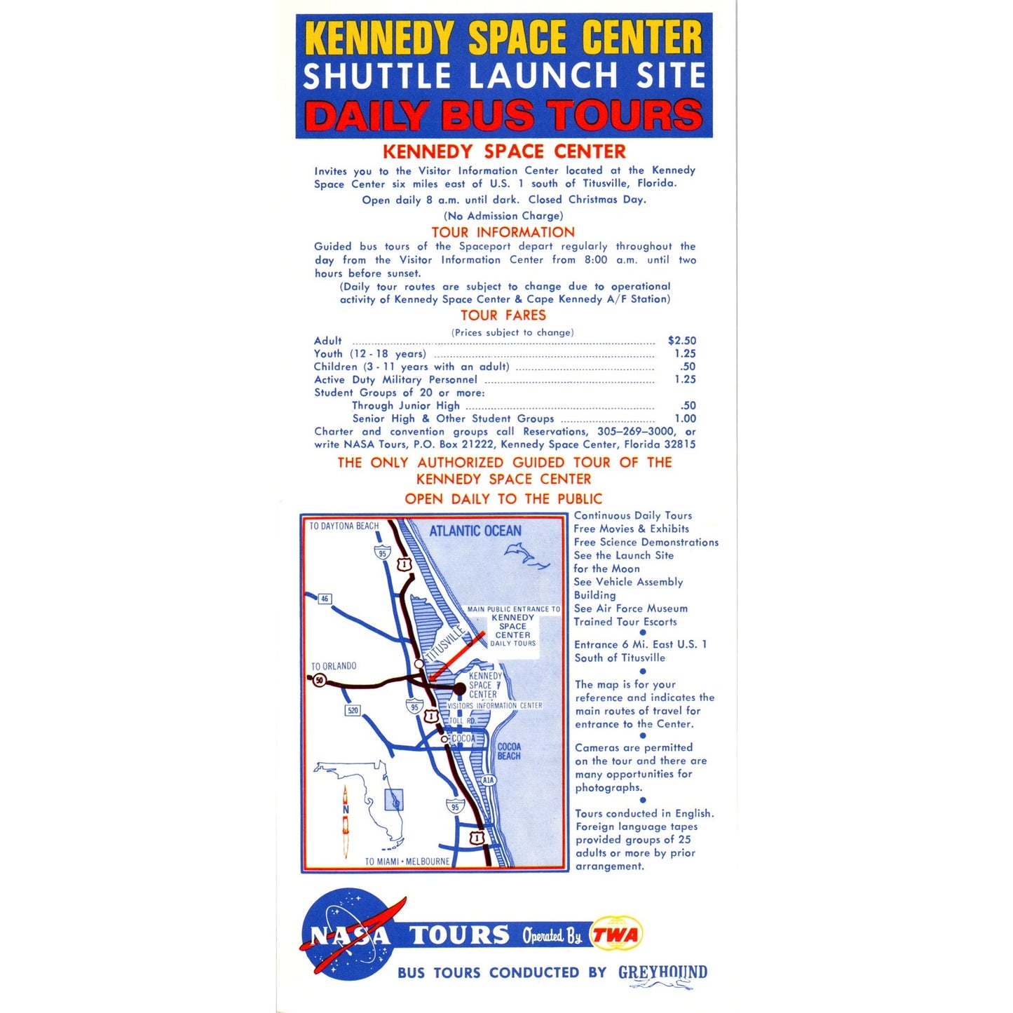 c1970 TWA Greyhound John F. Kennedy Space Center Tours Leaflet Card AF7-E2
