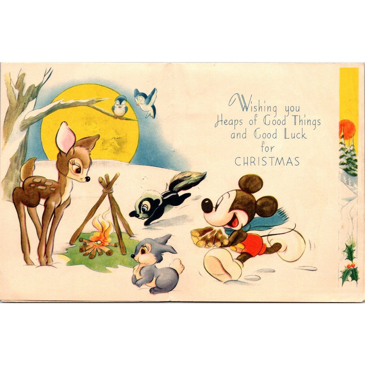 Vintage Disney Christmas Greeting Card Bambi Mickey Mouse AI9-H4