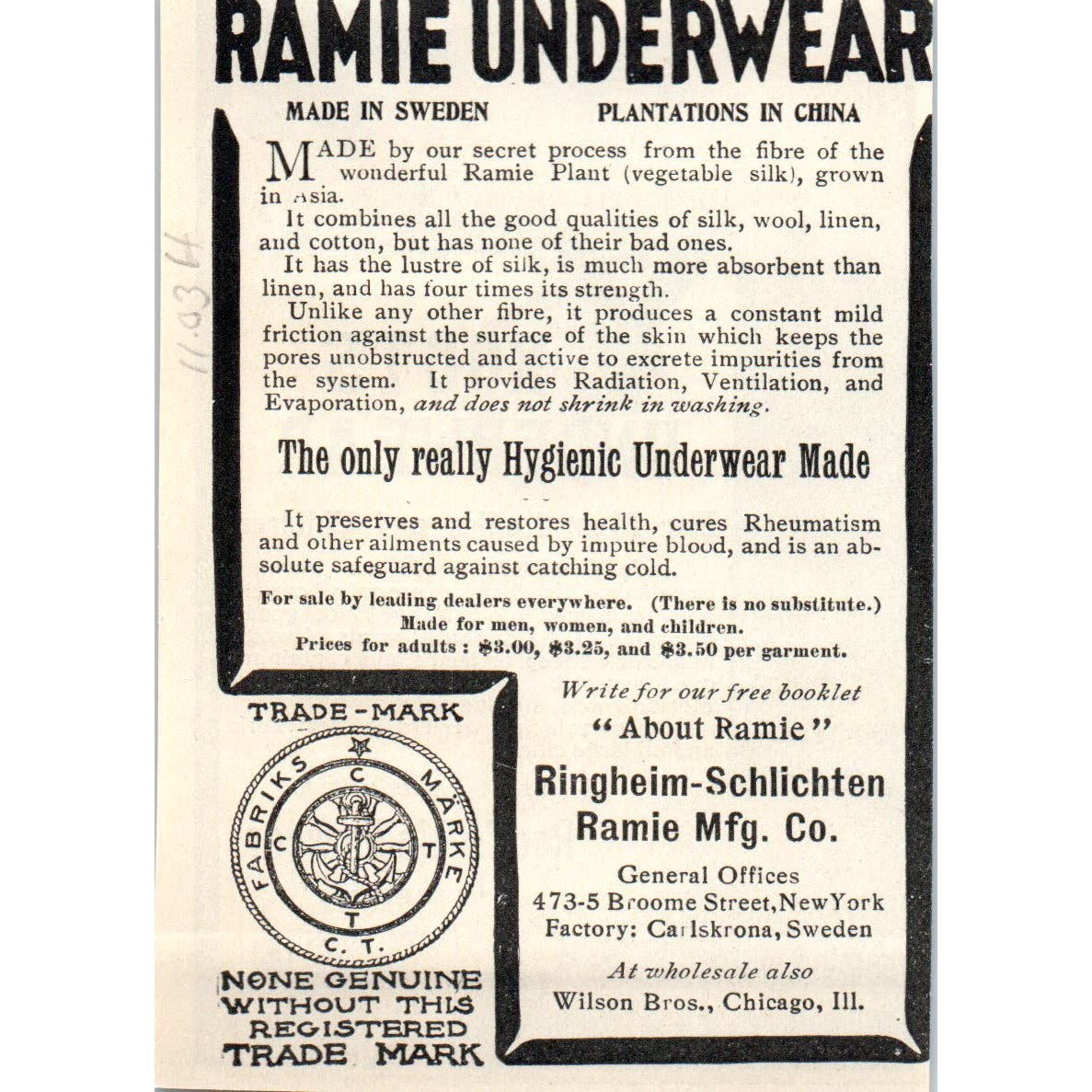 Root's Underwear New York c1905 Original Magazine Advertisement AE7-A1