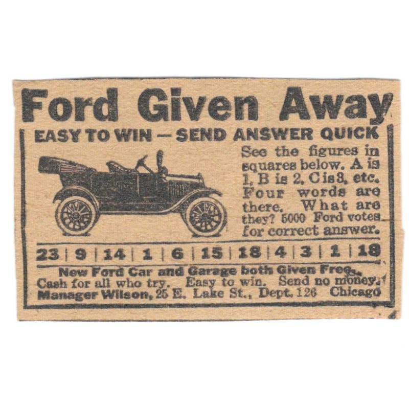 Ford Automobile Giveaway Wilson Chicago Offer 1923 Magazine Ad Clip AE1-7