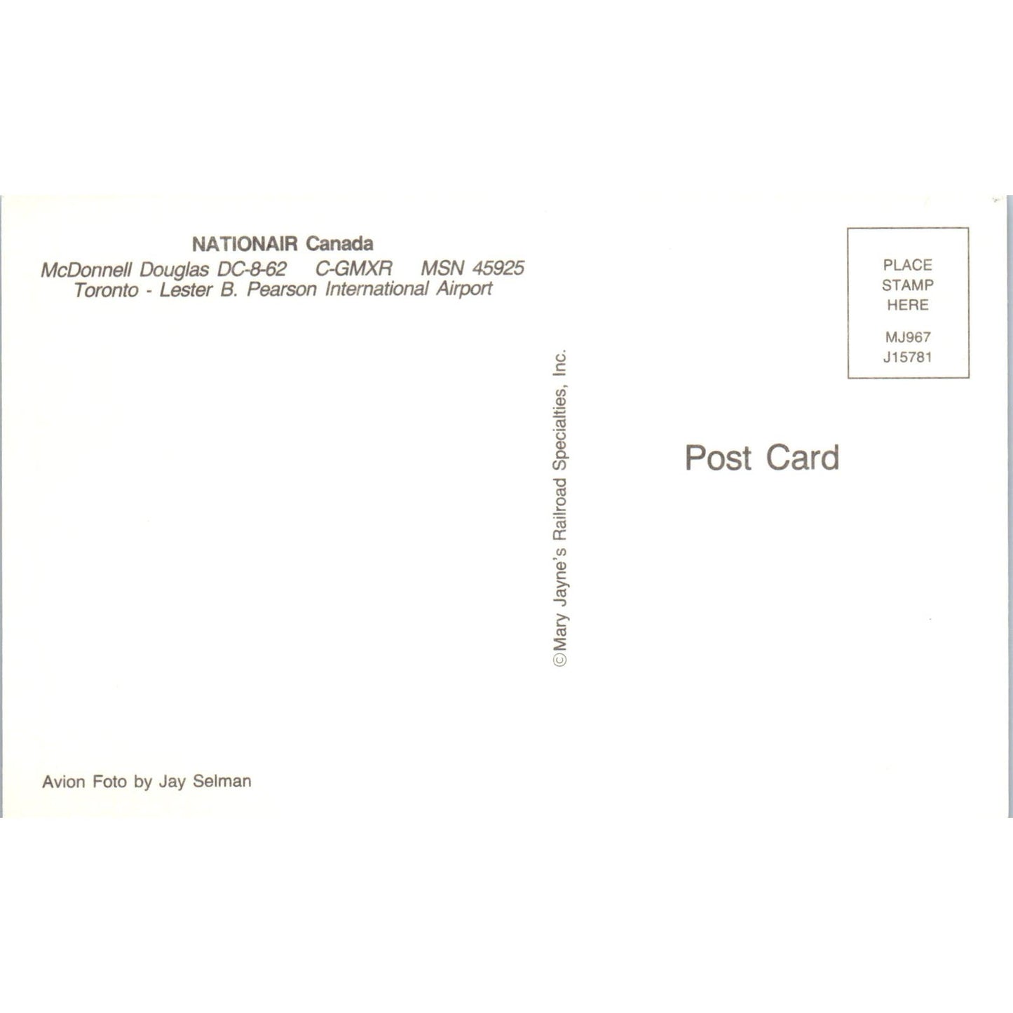 Nationair Canada McDonnell Douglas DC-8-62 Vintage Postcard PC2