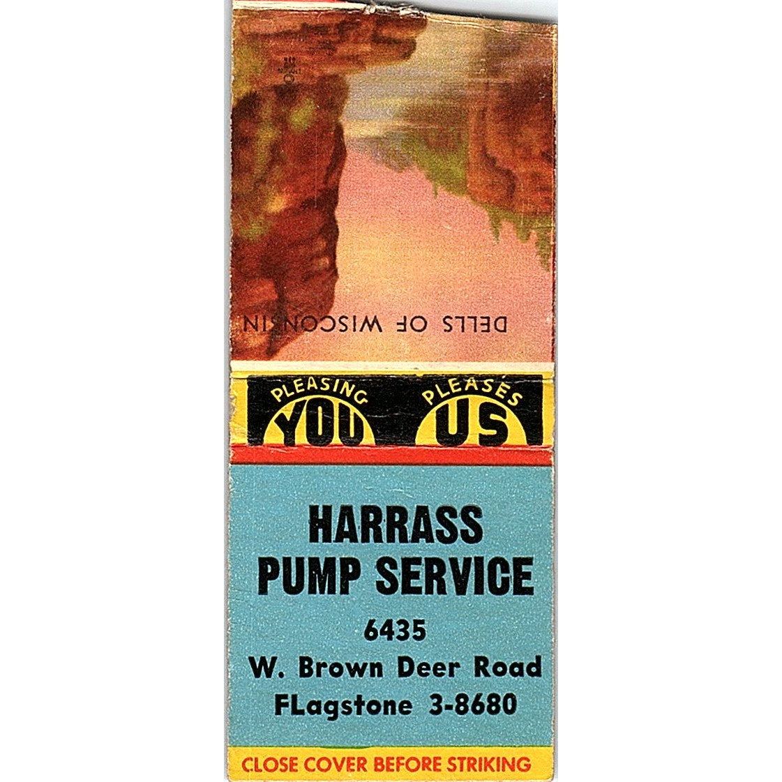 Harrass Pump Service 6435 W. Brown Deer Road WI Vintage Matchbook Cover SC7-Y6